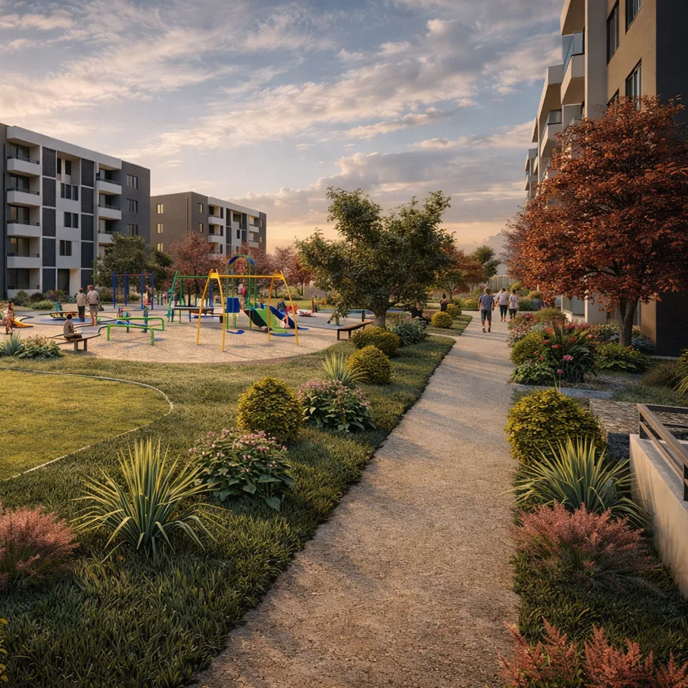 Sendero entre áreas verdes y juegos infantiles del condominio